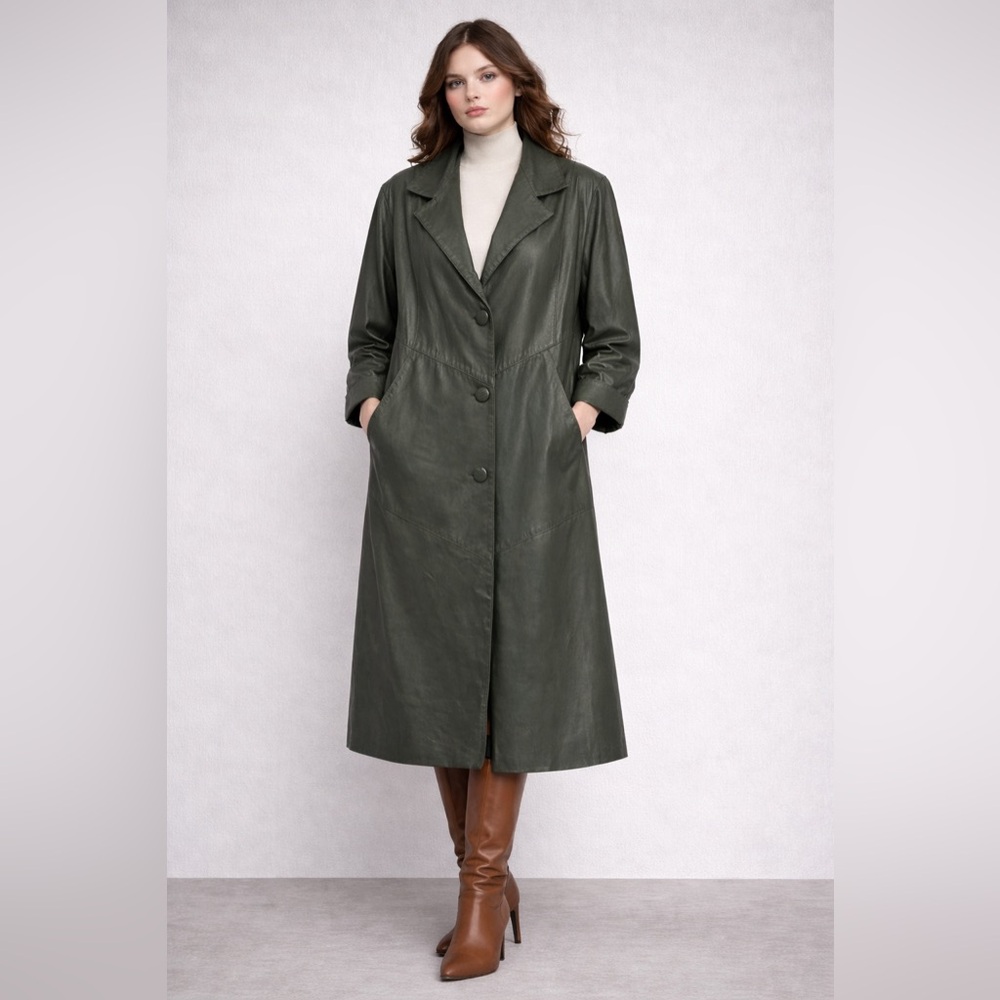 Vintage Avanti Lambskin Leather Coat Loden Green Longline Minimalist Medium NWT